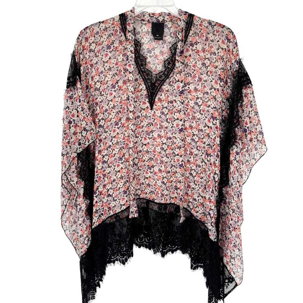 Anna Sui Silk Sheer Floral Lace Trim Poncho Top Tunic Blouse‎ Coral Black Sz M/L